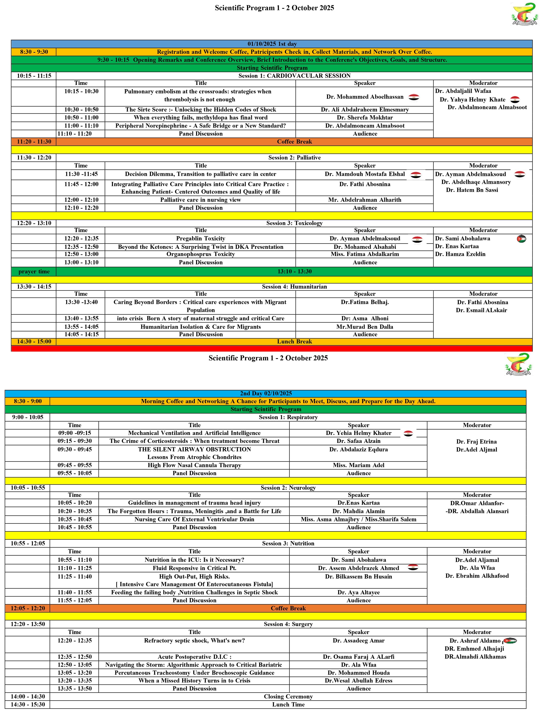 البرنامج العلمي للمؤتمر الثاني لوحدة العناية الفائقة
